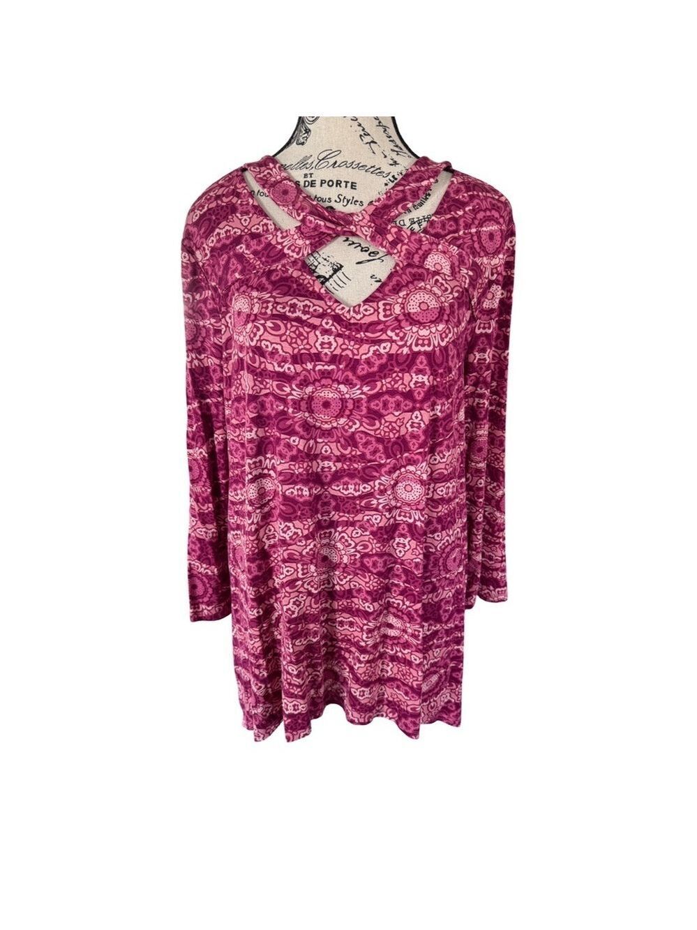 JM Collection Cross Neck Purple Pink Floral Tunic Top NWT Size L
